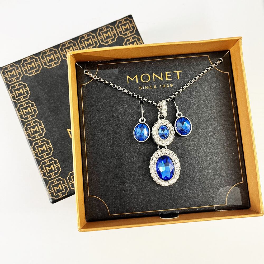 Monet Blue Crystal Necklace & Earring Set NEW